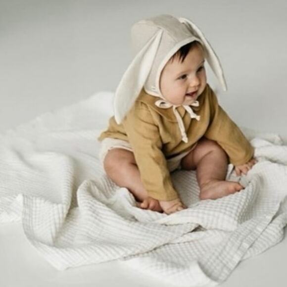 Tortoise & the Hare Size 3-6 Months Natural Linen Lop Ear Rabbit Bonnet Cap Hat - Picture 1 of 5